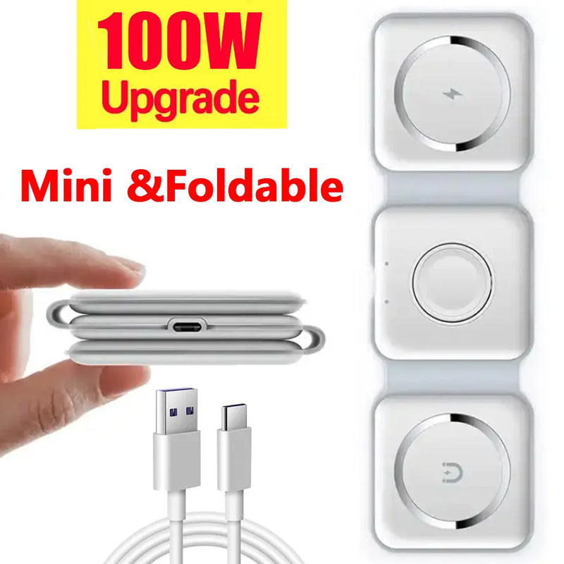 Carregador 100W 3 em 1 sem Fio Dobrável para iPhone 15 14 13 12 Pro Max, Airpods, iWatch